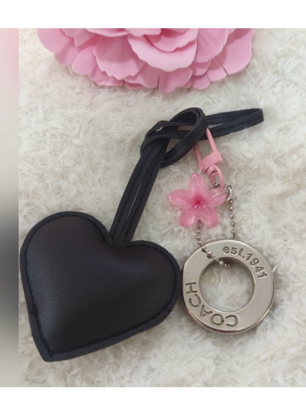 COACH Silver Grommet Bag Charm with Unbranded Heart & Pink Flower Charm, EC